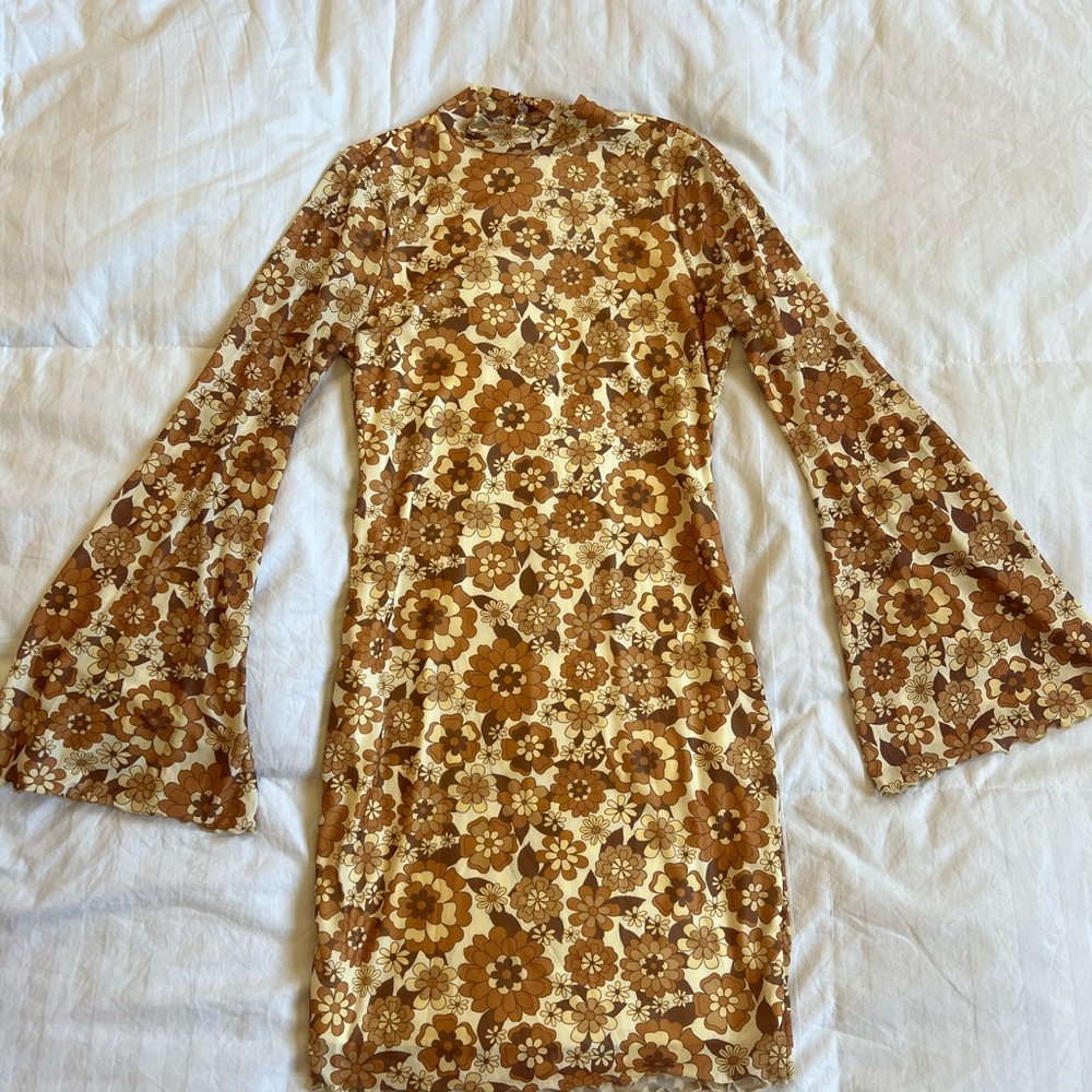 Vintage Floral Brown Long Sleeve Hippy Dress